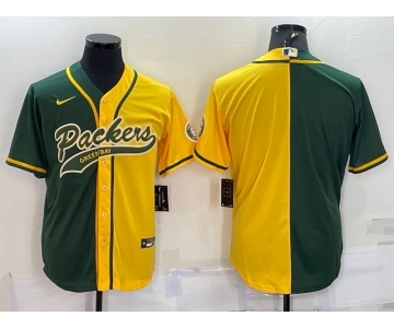 Men's Green Bay Packers Blank Green Yellow Split With Patch Cool Base Stitched Baseball Jersey