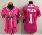 Women's Green Bay Packers #1 Micah Parsons Pink With Patch Cool Base Stitched Baseball Jersey Women's Green Bay Packers #1 Micah Parsons Pink With Patch Cool Base Stitched Baseball Jersey