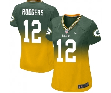 Women's Green Bay Packers #12 Aaron Rodgers Elite Green Gold Fadeaway Football Jersey