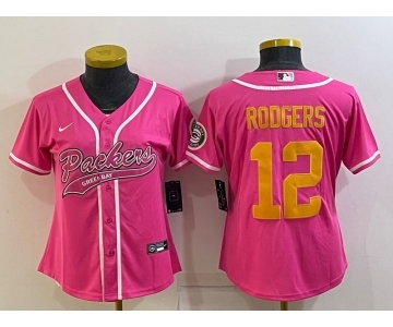 Women's Green Bay Packers #12 Aaron Rodgers Pink Gold With Patch Cool Base Stitched Baseball Jersey