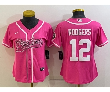 Women's Green Bay Packers #12 Aaron Rodgers Pink With Patch Cool Base Stitched Baseball Jersey