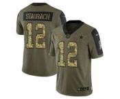 Men's Dallas Cowboys #12 Roger Staubach 2021 Olive Camo Salute To Service Limited Stitched Football Jersey