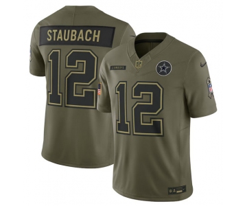Men's Dallas Cowboys #12 Roger Staubach Olive 2025 Salute to Service Limited Football Stitched Jersey