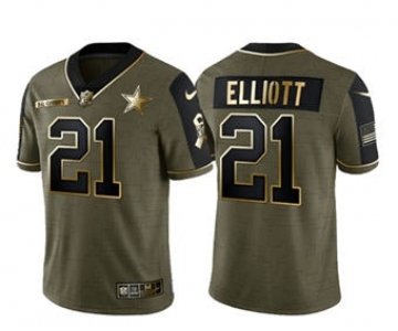 Men's Dallas Cowboys #21 Ezekiel Elliott 2021 Olive Salute To Service Golden Limited Stitched Football Jersey