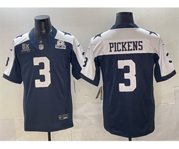 Men's Dallas Cowboys #3 George pickens Navy F.U.S.E. With 5x Super Bowl Champions & Established In 1960 Patch Thanksgiving Vapor Limited Stitched Football 