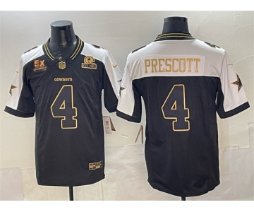 Men's Dallas Cowboys #4 Dak Prescott Black Gold 2025 F.U.S.E. With 5x Super Bowl Champions & Established In 1960 Patch Vapor Limited Stitched Football Jers