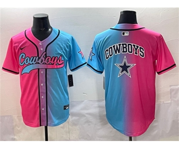 Men's Dallas Cowboys Team Big Logo Pink Blue Limited Stitched Baseball Jersey