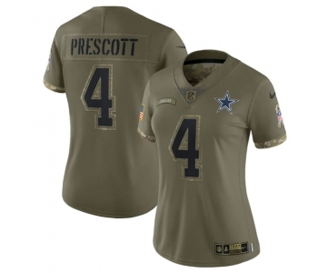 Women's Dallas Cowboys #4 Dak Prescott 2022 Olive Salute To Service Limited Stitched Jersey(Run Small)