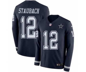 Youth Nike Dallas Cowboys #12 Roger Staubach Limited Navy Blue Therma Long Sleeve NFL Jersey