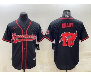 Men's Tampa Bay Buccaneers #12 Tom Brady Black Team Big Logo With Patch Cool Base Stitched Baseball Jersey
