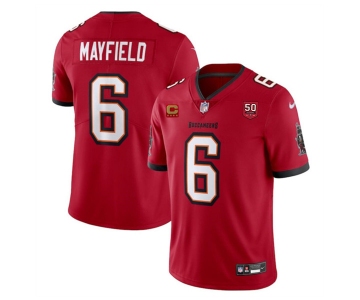 Men's Tampa Bay Buccaneers #6 Baker Mayfield Red 2025 50th Anniversary Patch And 4-Star C Patch Vapor Untouchable Limited Football Stitched Jersey