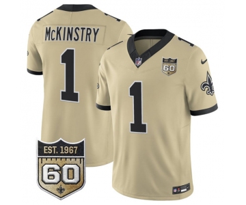 Men's New Orleans Saints #1 Kool-Aid McKinstry Gold 2026 F.U.S.E 60th Anniversary Patch Vapor Limited Football Stitched Jersey