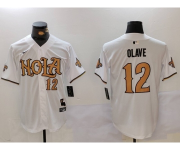 Men's New Orleans Saints #12 Chris Olave Number White Nola Baseball Jersey