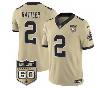 Men's New Orleans Saints #2 Spencer Rattler Gold 2026 F.U.S.E 60th Anniversary Patch Vapor Limited Football Stitched Jersey