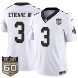 Men's New Orleans Saints #3 Travis Etienne Jr White 2026 F.U.S.E 60th Anniversary Patch Vapor Limited Football Stitched Jersey Men's New Orleans Saints #3 Travis Etienne Jr White 2026 F.U.S.E 60th Anniversary Patch Vapor Limited Football Stitched Jersey