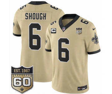 Men's New Orleans Saints #6 Tyler Shough Gold 2026 F.U.S.E With 1-Star C Patch And 60th Anniversary Patch Vapor Limited Football Stitched Jersey