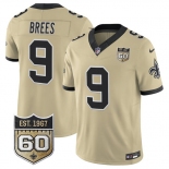 Men's New Orleans Saints #9 Drew Brees Gold 2026 F.U.S.E 60th Anniversary Patch Vapor Limited Football Stitched Jersey