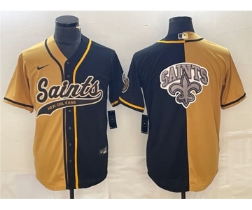Men's New Orleans Saints Black Gold Split Team Big Logo Cool Base Stitched Baseball Jersey