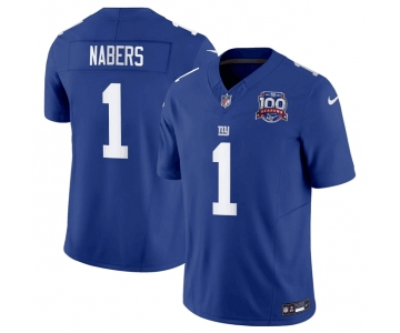 Men's New York Giants #1 Malik Nabers Blue 2024 Draft F.U.S.E. 100TH Season Patch Vapor Untouchable Limited Stitched Jersey