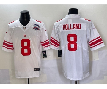 Men's New York Giants #8 Jevon Holland White 2025 With 100th Season Patch Vapor Untouchable Limited Stitched Jersey