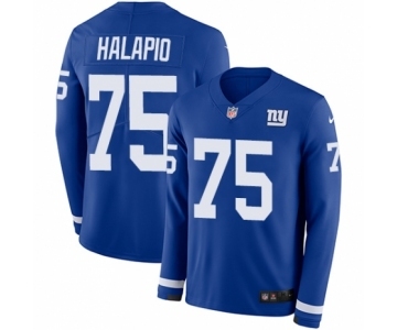 Men's Nike New York Giants #75 Jon Halapio Limited Royal Blue Therma Long Sleeve NFL Jersey