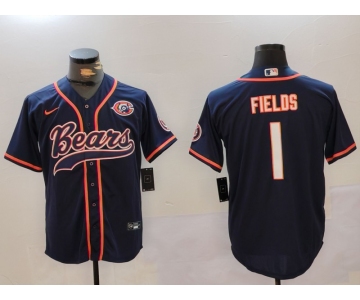 Men's Chicago Bears #1 Justin Fields Navy Throwback With Patch Cool Base Stitched Baseball Jersey