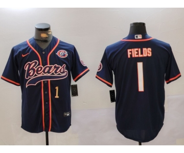 Men's Chicago Bears #1 Justin Fields Navy Throwback With Patch Cool Base Stitched Baseball Jerseys