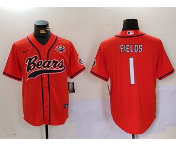 Men's Chicago Bears #1 Justin Fields Orange Throwback With Patch Cool Base Stitched Baseball Jersey