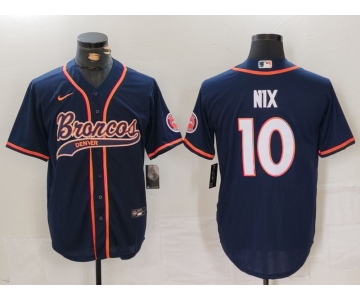Men's Denver Broncos #10 Bo Nix Navy Cool Base Stitched Baseball Jersey