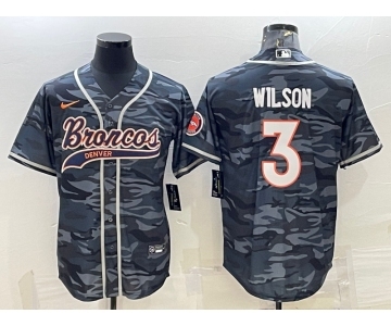 Men's Denver Broncos #3 Russell Wilson Grey Camo With Patch Cool Base Stitched Baseball Jersey