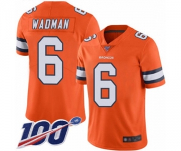 Men's Denver Broncos #6 Colby Wadman Limited Orange Rush Vapor Untouchable 100th Season Football Jersey