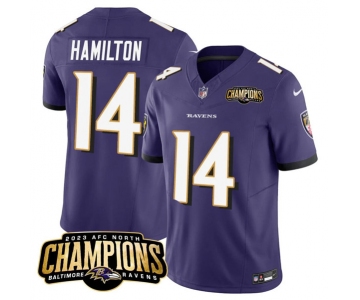Men's Baltimore Ravens #14 Kyle Hamilton Purple 2023 F.U.S.E. AFC North Champions Vapor Limited Football Stitched Jersey