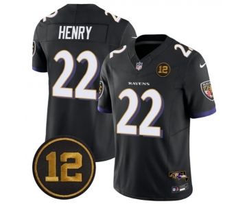 Men's Baltimore Ravens #22 Derrick Henry Black 2025 F.U.S.E Jacoby Jones Patch Vapor Limited Football Jersey