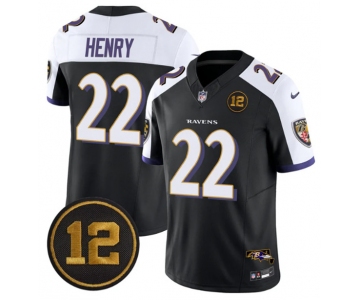 Men's Baltimore Ravens #22 Derrick Henry Black Alternate 2025 F.U.S.E Jacoby Jones Patch Vapor Limited Football Jersey