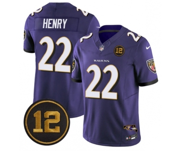 Men's Baltimore Ravens #22 Derrick Henry Purple 2025 F.U.S.E Jacoby Jones Patch Vapor Limited Football Jersey