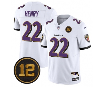 Men's Baltimore Ravens #22 Derrick Henry White 2025 F.U.S.E Jacoby Jones Patch Vapor Limited Football Jersey
