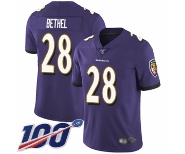 Men's Baltimore Ravens #28 Justin Bethel Purple Team Color Vapor Untouchable Limited Player 100th Season Football Jersey