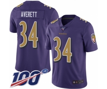 Men's Baltimore Ravens #34 Anthony Averett Limited Purple Rush Vapor Untouchable 100th Season Football Jersey