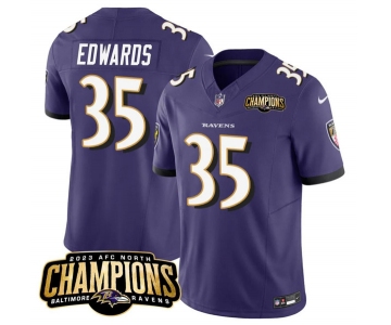 Men's Baltimore Ravens #35 Gus Edwards Purple 2023 F.U.S.E. AFC North Champions Vapor Limited Football Stitched Jersey