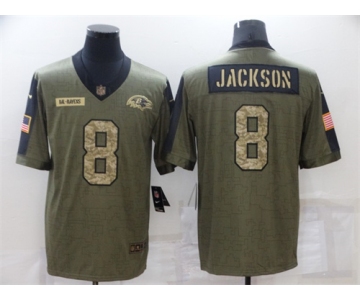 Men's Baltimore Ravens #8 Lamar Jackson 2021 Olive Camo Salute To Service Limited Stitched Football Jersey