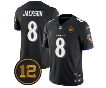 Men's Baltimore Ravens #8 Lamar Jackson Black 2025 F.U.S.E Jacoby Jones Patch Vapor Limited Football Jersey