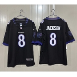 Men's Baltimore Ravens #8 Lamar Jackson Black 2026 Alternate Vapor Limited Football Stitched Jersey Men's Baltimore Ravens #8 Lamar Jackson Black 2026 Alternate Vapor Limited Football Stitched Jersey