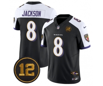 Men's Baltimore Ravens #8 Lamar Jackson Black Alternate 2025 F.U.S.E Jacoby Jones Patch Vapor Limited Football Jersey