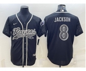 Men's Baltimore Ravens #8 Lamar Jackson Black Reflective With Patch Cool Base Stitched Baseball Jersey
