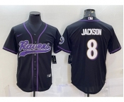 Men's Baltimore Ravens #8 Lamar Jackson Black With Patch Cool Base Stitched Baseball Jersey
