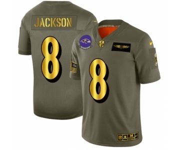 Men's Baltimore Ravens #8 Lamar Jackson Limited Olive Gold 2019 Salute to Service Football Jersey