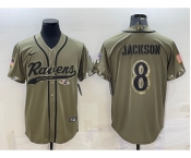 Men's Baltimore Ravens #8 Lamar Jackson Olive 2022 Salute to Service Cool Base Stitched Baseball Jersey