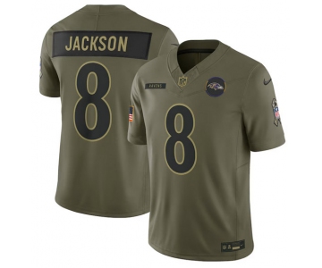 Men's Baltimore Ravens #8 Lamar Jackson Olive 2025 Salute to Service Limited Football Stitched Jersey