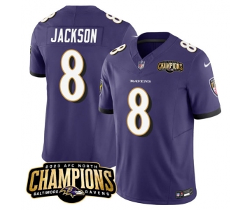 Men's Baltimore Ravens #8 Lamar Jackson Purple 2023 F.U.S.E. AFC North Champions Vapor Limited Football Stitched Jersey