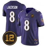 Men's Baltimore Ravens #8 Lamar Jackson Purple 2025 F.U.S.E Jacoby Jones Patch Vapor Limited Football Jersey